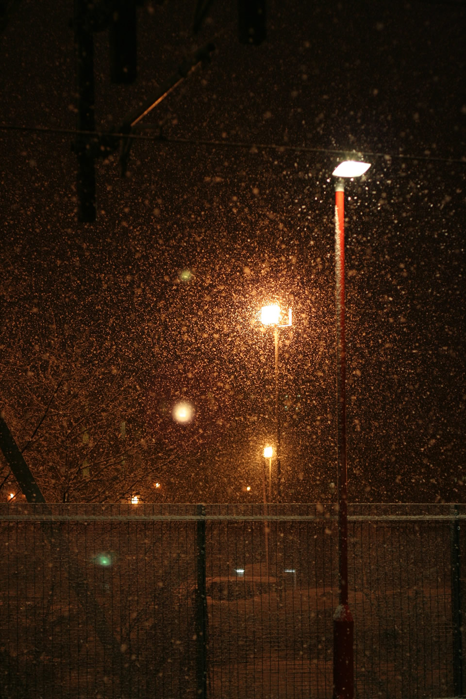 Falling snow at night